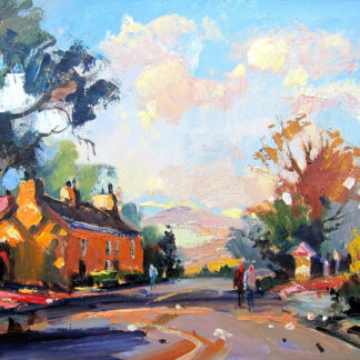 A colorful impressionist-style painting of a rural landscape featuring a house, trees, and figures on a path under a bright sky. By Joseph Maxwell Stuart